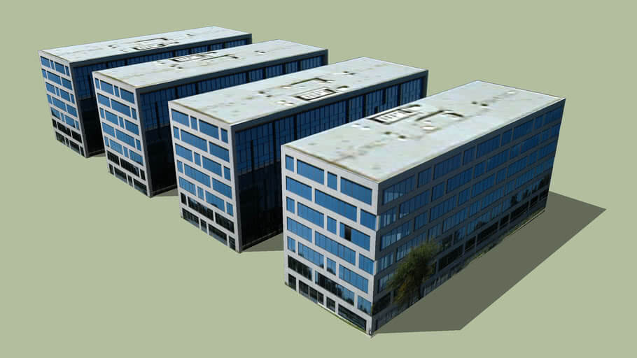 Vier moderne, rechthoekige kantoorgebouwen met meerdere verdiepingen, voorzien van grote raampartijen en platte daken, weergegeven in een 3D-visualisatie op een lichte achtergrond.