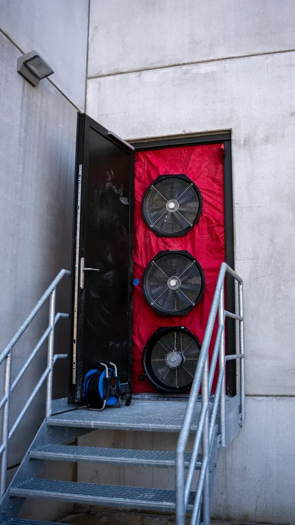 BlowerDoor multi-fan luchtdichtheidstest in deur van industriehal voor meting van luchtlekken en controle van energieprestatie door Blowertechnic