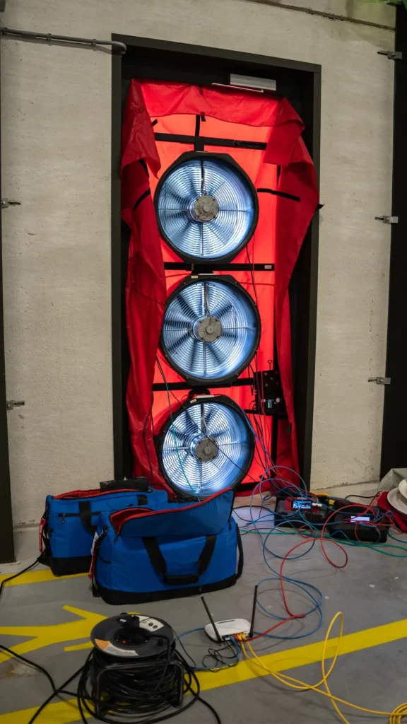 BlowerDoor multi-fan luchtdichtheidstest opstelling met meetapparatuur en sensoren voor nauwkeurige analyse van luchtlekken in industriehal door Blowertechnic