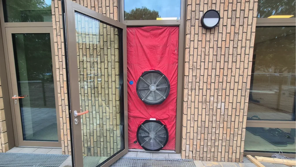 Blowerdoor testopstelling met ventilatoren in een deuropening van een schoolgebouw, gebruikt voor het meten van de luchtdichtheid tijdens de bouwfase.