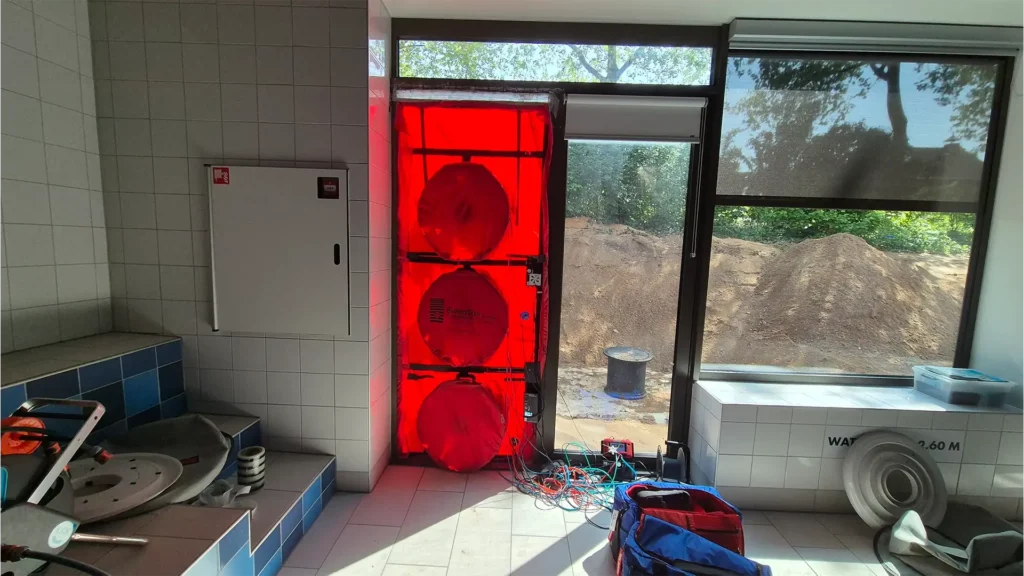 BlowerDoor luchtdichtheidstest met multi-fan opstelling in sportaccommodatie voor nauwkeurige meting van luchtlekken en energieprestatie door Blowertechnic