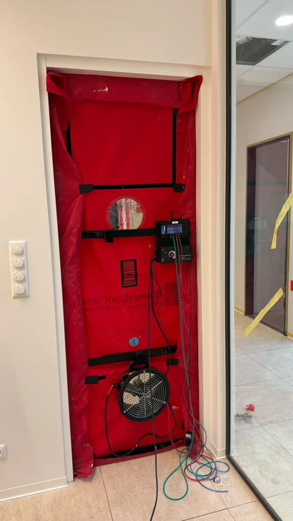 Blowerdoor testopstelling met ventilator en meetapparatuur in een deuropening, gebruikt voor het meten van de luchtdichtheid van een ruimte.